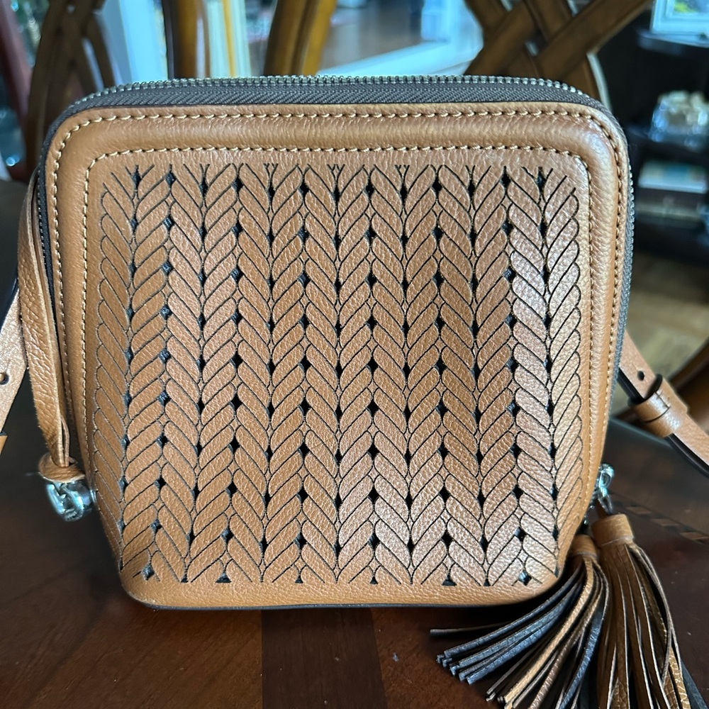 BRIGHTON FERRARA ANDRETTA LEATHER Crossbody Purse - Brown/Strap, Tassels & Charm - Picture 3 of 11